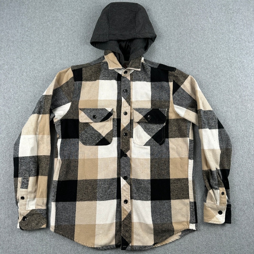 Free Planet Flannel Shirt Mens Small Tan Buffalo Plaid Hooded‎ Button Up